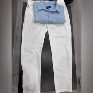 White pants with sky blue shirt